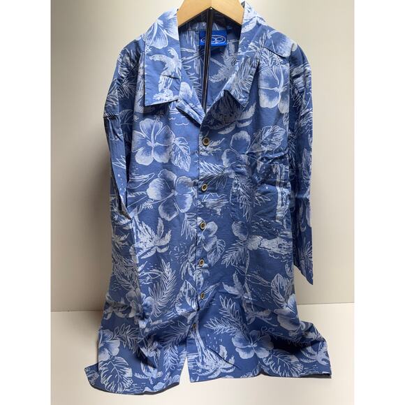Vtg Ocean Pacific Men’s XL Button Front Shirt Hawaiin Blue White Floral Beach - Picture 1 of 8
